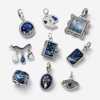 Art Stories collection image made from art-inspired sterling silver charms on a neutral background