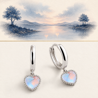 The Afterglow Heart Earrings story-led illustration and exact product image