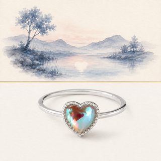The Afterglow Heart Ring story-led illustration and exact product image