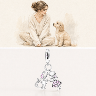 Always By Your Side sterling silver charm story with a woman and her dog