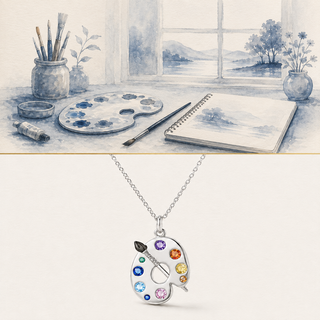 Artist’s Palette Necklace story-led illustration and exact product image