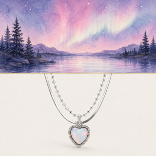 The Aurora Heart Layered Necklace Set story-led aurora illustration and product image