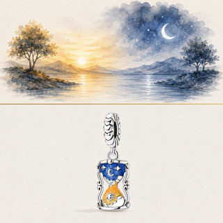 The Between Worlds Hourglass Charm story-led illustration and exact product image