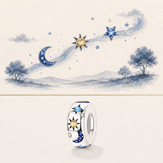 The Celestial Path Spacer Charm story-led illustration and exact product image