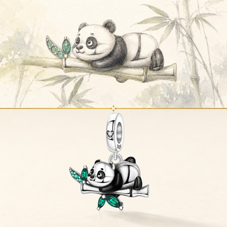 A panda resting on bamboo and The Daydream Panda Charm story