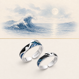 The Great Wave Matching Rings story-led moonlit wave illustration and product image