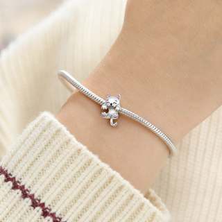 The Hold On Cat Charm worn on a silver charm bracelet