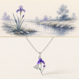 Iris Necklace story-led illustration and exact product image