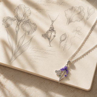 Iris Necklace story sketch with finished pendant