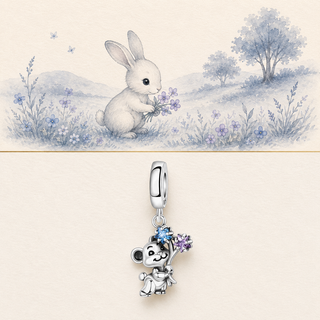 The Little Bloom Bunny Charm story-led illustration and exact product image