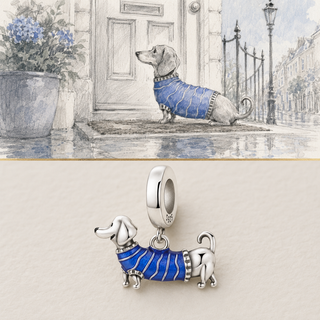 Dachshund waiting by a London doorway and The Little Blue Jumper charm story