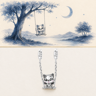 The Little Swing Cat Charm story-led illustration and exact product image
