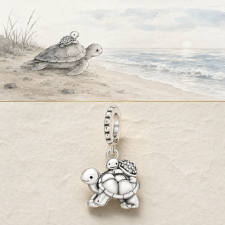 Adult and baby turtle story illustration and sterling silver charm