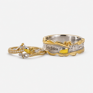 The Lucky Promise Matching Rings with FelixFelicis engravings on a neutral F5F5F5 background