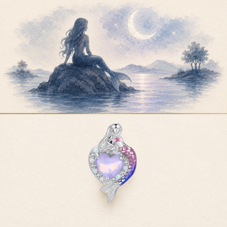 The Mermaid Heart Charm story-led illustration and exact product image