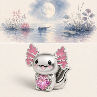 The Moonlit Axolotl Charm story-led moonlit pond illustration and product image