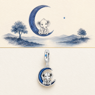 A small elephant beneath a blue crescent moon and The Moonlit Elephant Charm story