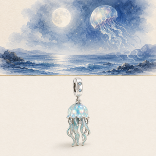 The Moonlit Jellyfish Charm story-led moonlit ocean illustration and product image