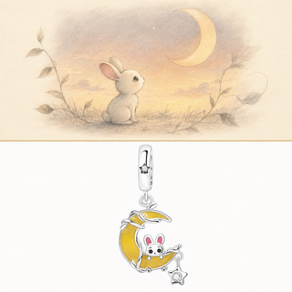 Moonlit Wish Bunny Charm story scene with rabbit and crescent moon illustration