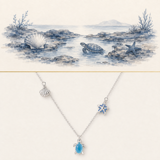 Ocean Stories Necklace story-led illustration and exact product image