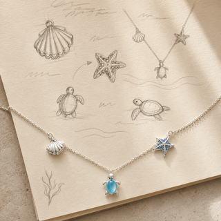 Ocean Stories Necklace story sketch with finished charms