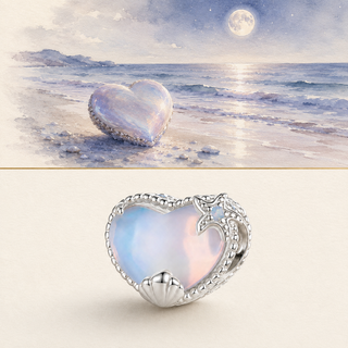 The Opal Shell Heart Charm story-led moonlit ocean illustration and product image