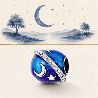 The Orbiting Moon Charm story-led illustration and exact product image