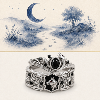 The Padfoot Matching Rings story-led moonlit path illustration and product image