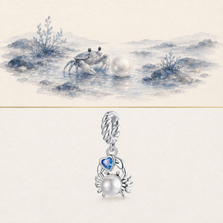 The Pearl Crab Charm story-led illustration and exact product image