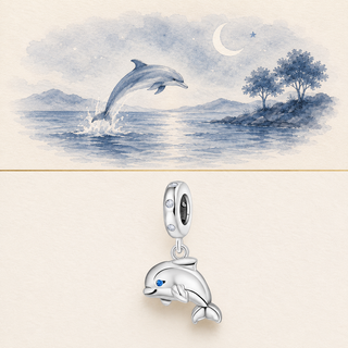 The Silver Dolphin Charm story-led illustration and exact product image