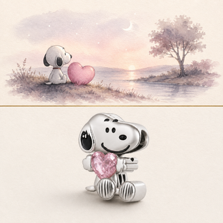 The Snoopy Pink Heart Charm story-led evening illustration and product image