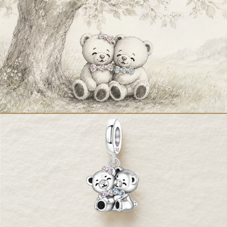 Two bears side by side story illustration and sterling silver charm