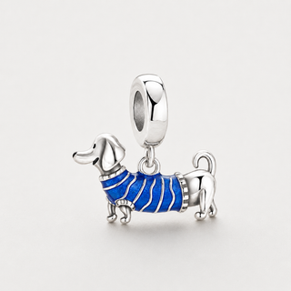 The Little Blue Jumper Dachshund Charm on a neutral F5F5F5 background
