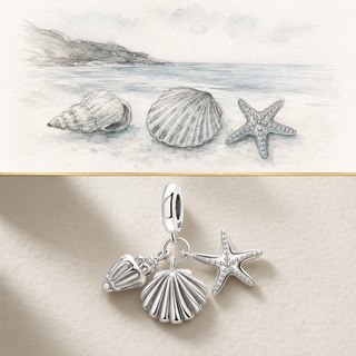 Seashell and starfish story illustration with sterling silver charm