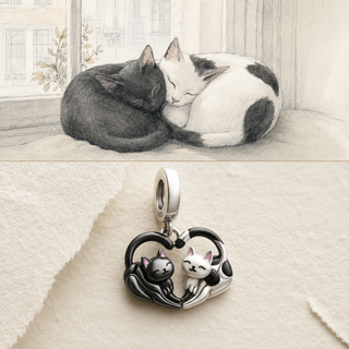 Two cats together story illustration and sterling silver charm