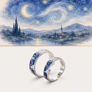 The Van Gogh Starry Night Ring Duo story-led painted night illustration and product image